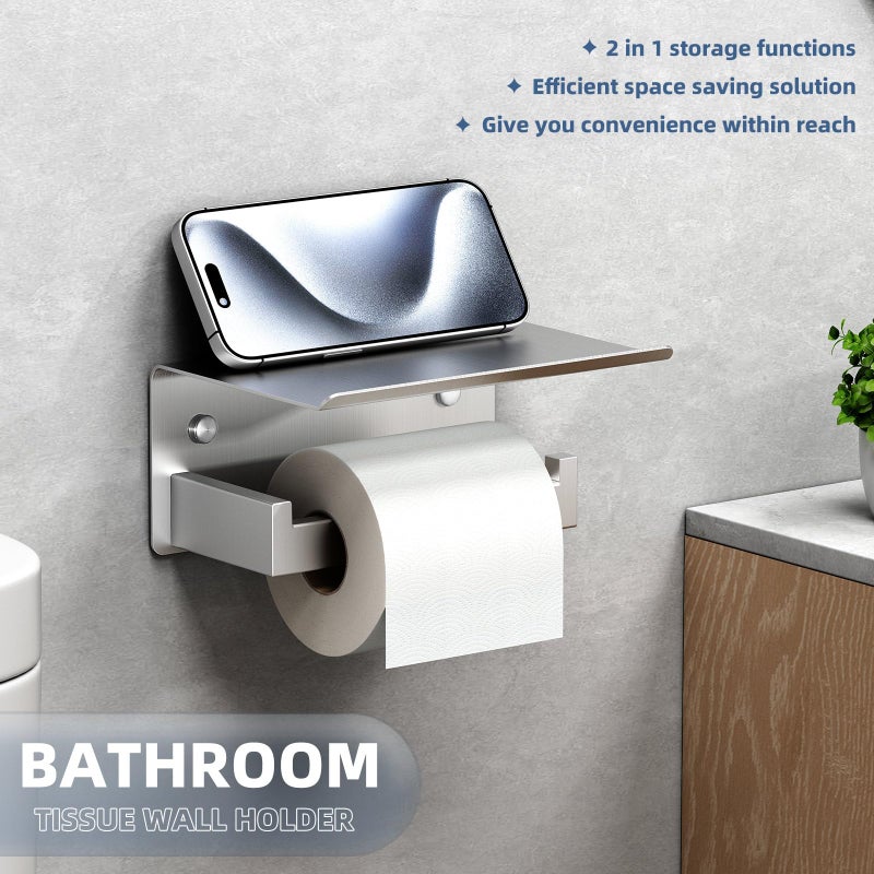 APLusee Brushed Nickel Toilet Paper Holder with Phone Shelf, 304 Stainless Steel Toilet Tissue Roll Holder, Wall Mounted Bathroom Paper Roll Dispenser - Image 3